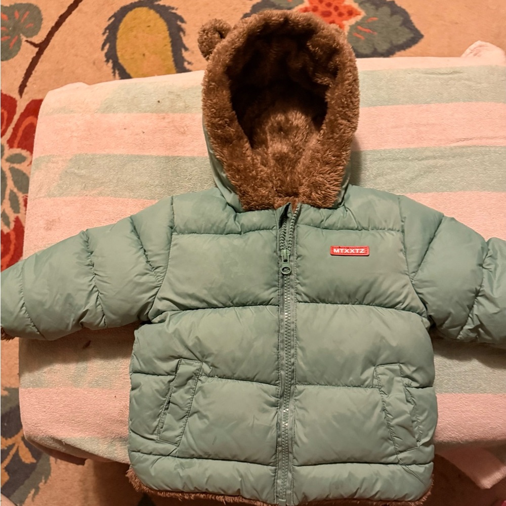 Mint Green Puffer Jacket with Faux Fur Hood baby size 12 months